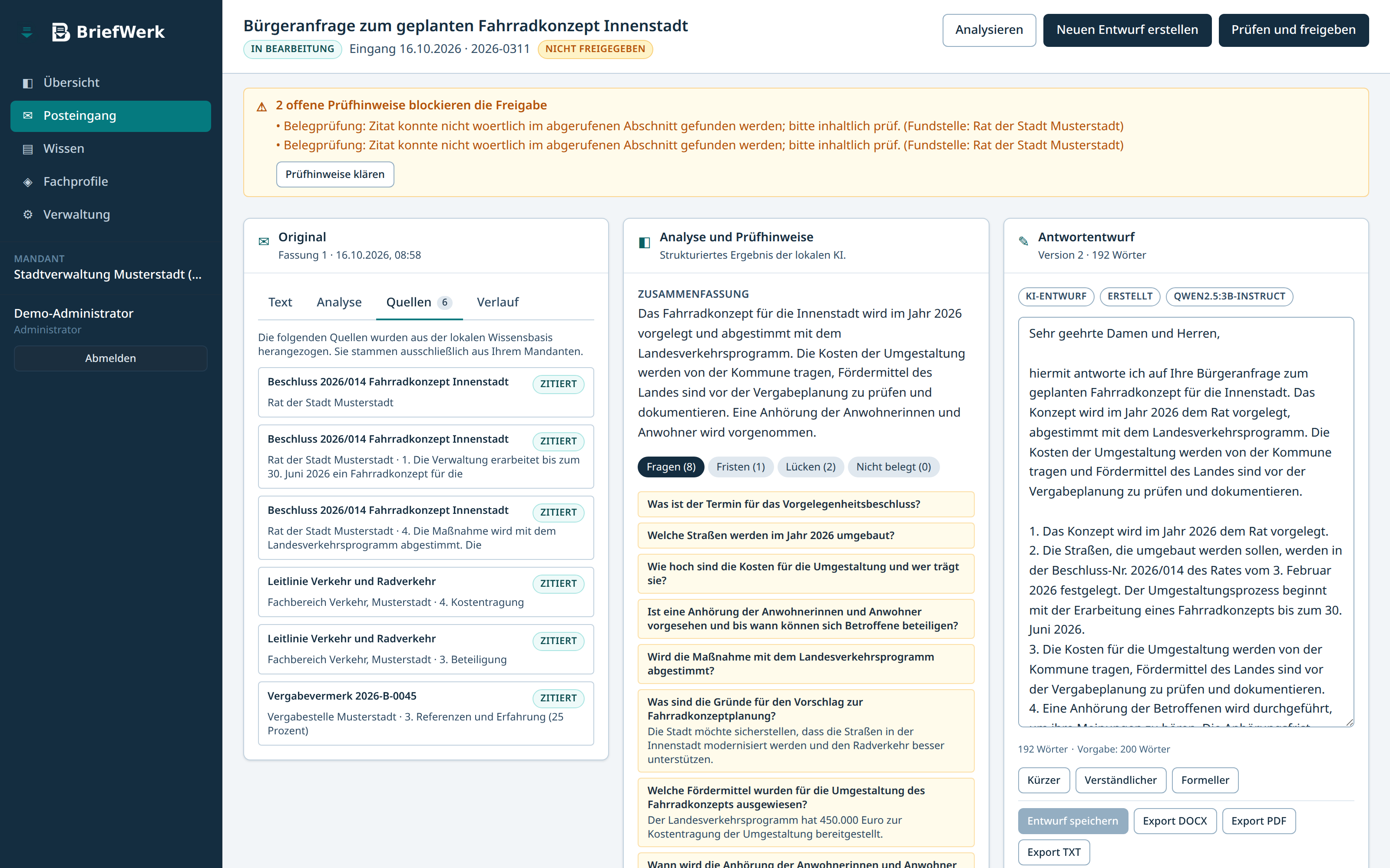 BriefWerk-Demo: Original, Quellen, Analyse und Antwortentwurf mit offenen Prüfhinweisen