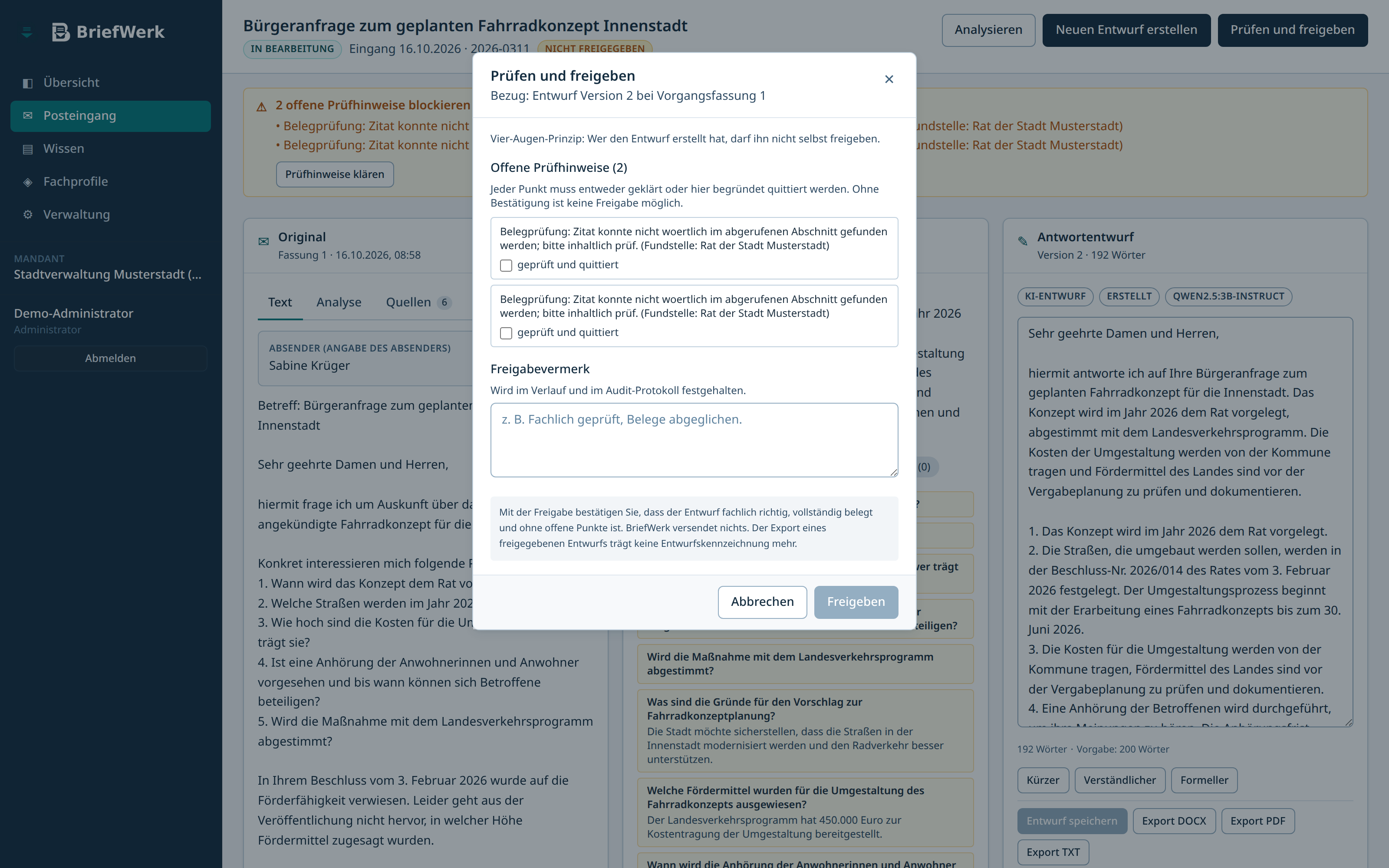 BriefWerk-Demofreigabe mit Versionsbezug und noch zu klärenden Prüfhinweisen