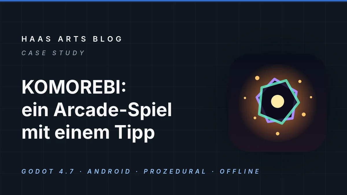 Beitragsgrafik: dunkles Raster mit dem Titel des Spiels und dem App-Icon von KOMOREBI