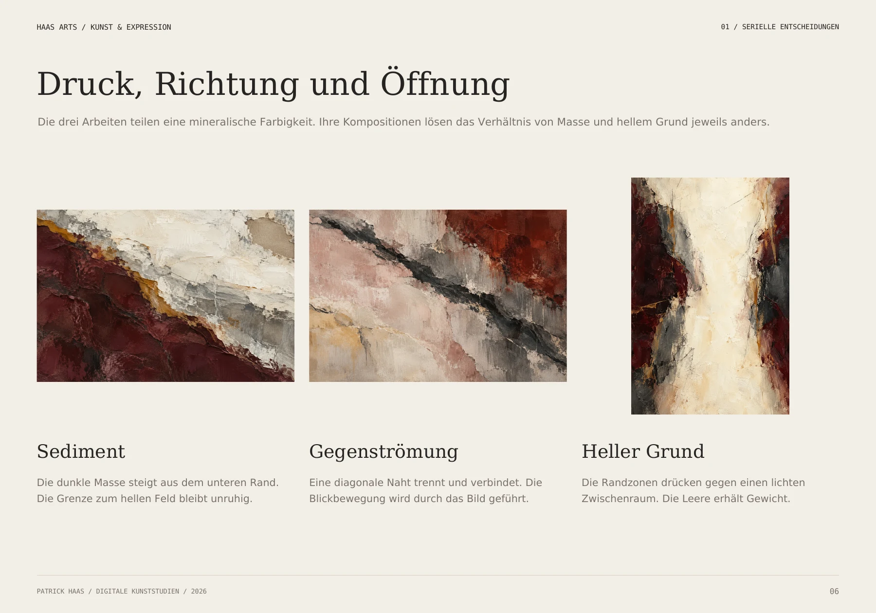 Seite 6 des Kunstportfolios mit Sediment, Gegenströmung und Heller Grund im direkten Vergleich