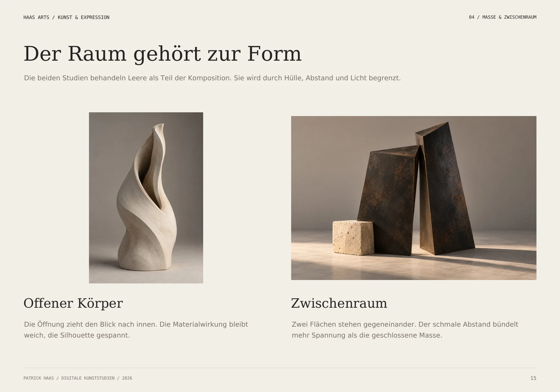 Seite 15 des Kunstportfolios mit den digitalen Raumstudien Offener Körper und Zwischenraum