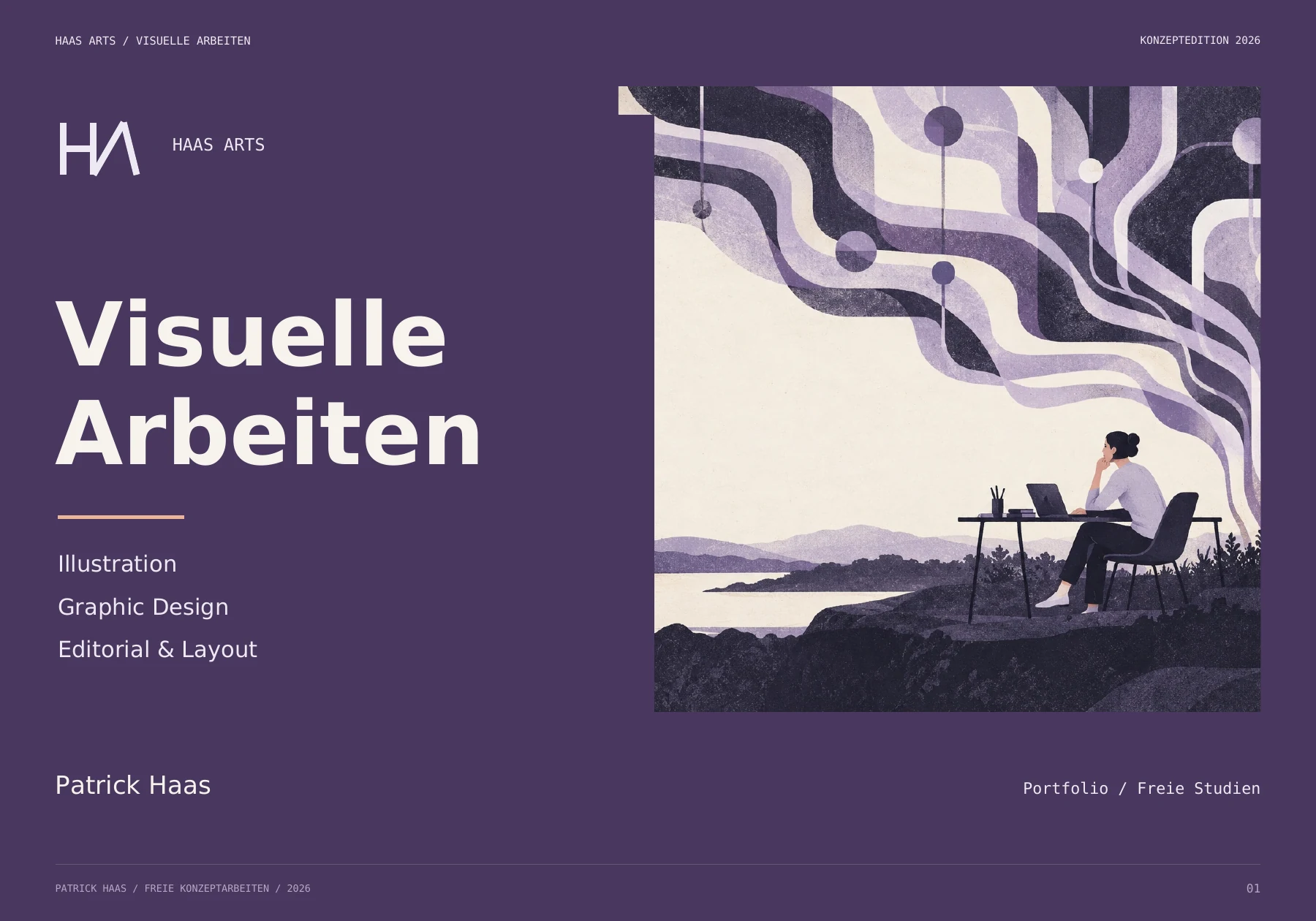 Titelseite Visuelle Arbeiten in Violett mit der Editorial-Illustration Mensch und Maschine