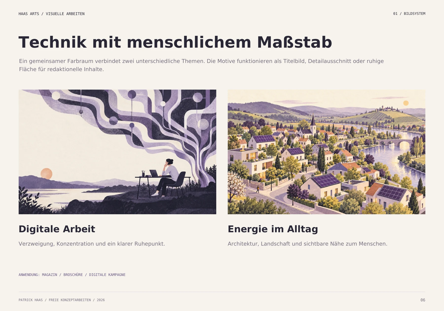Seite 6 des visuellen Portfolios mit den Illustrationen zu digitaler Arbeit und Energie im Alltag