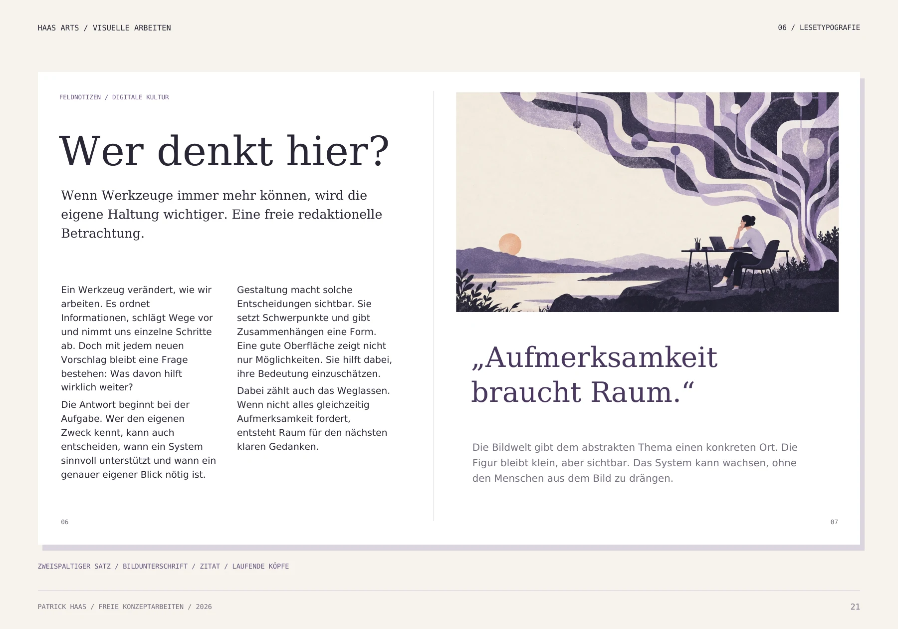 Seite 21 des visuellen Portfolios mit der Feldnotizen-Doppelseite Wer denkt hier: Textspalten, Illustration und hervorgehobenes Zitat