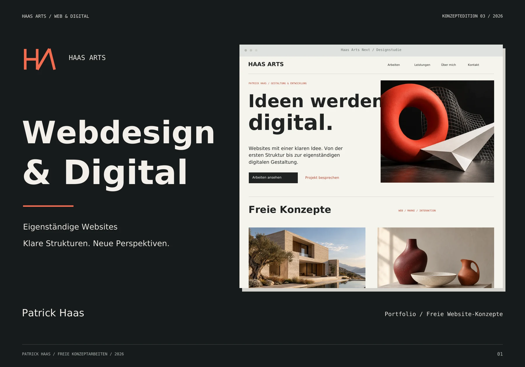 Titelseite Webdesign und Digital mit einer statischen Website-Ansicht von Haas Arts Next