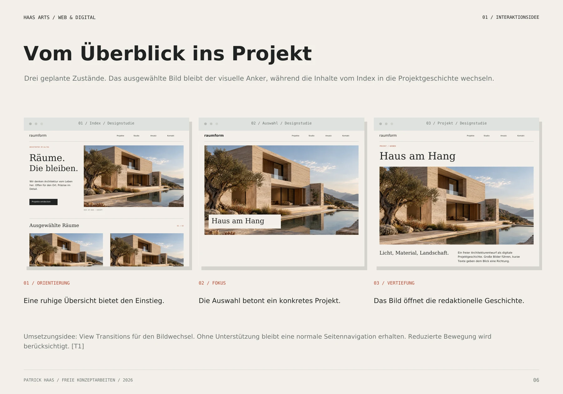 Seite 6 des Digitalportfolios mit drei geplanten Zuständen der Architekturwebsite Raumform