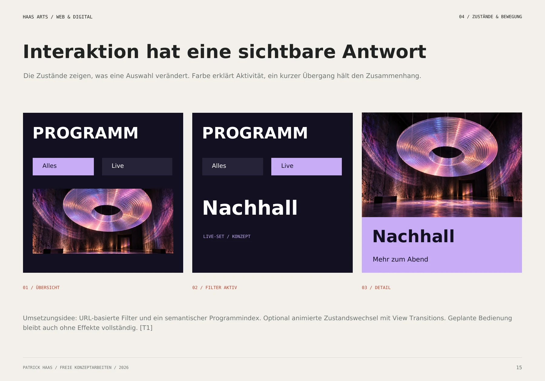 Seite 15 des Digitalportfolios: Programmübersicht, Live-Filter und Detailansicht der Kulturplattform Frequenz
