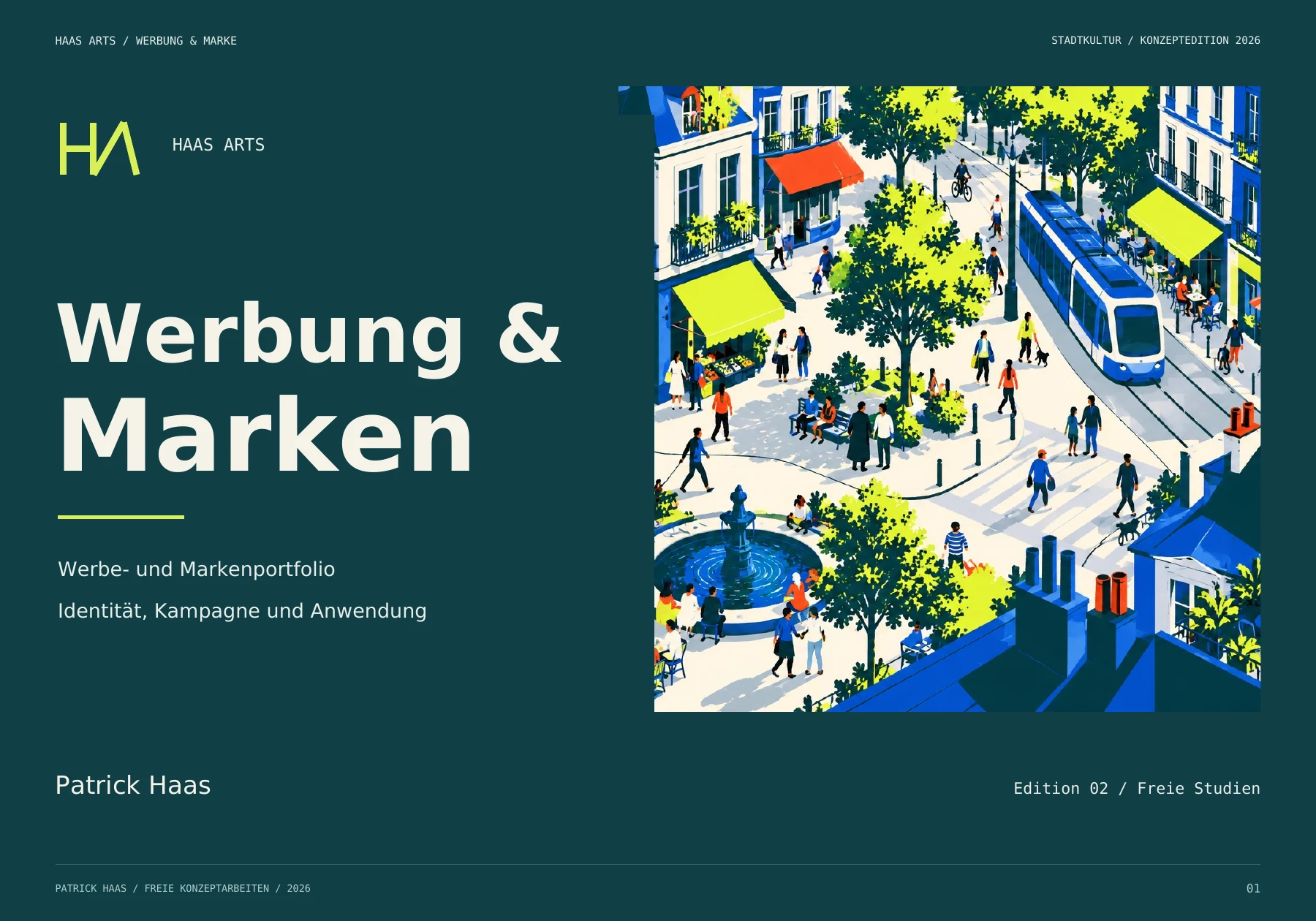 Titelseite Werbung und Marken mit einer kontrastreichen urbanen Illustration in Blau und Gelbgrün