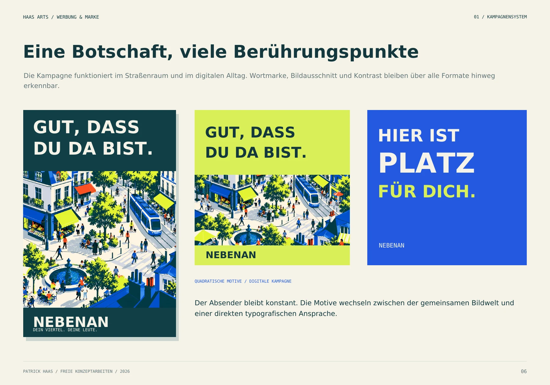 Seite 6 des Markenportfolios mit drei Nebenan-Motiven für Plakat und digitale Kommunikation
