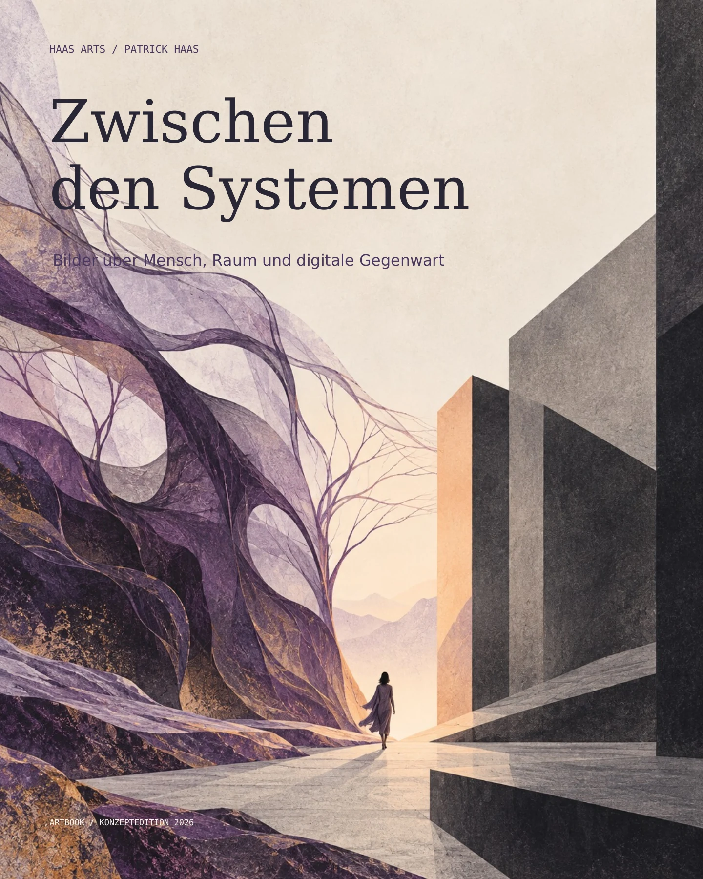 Titelseite des Artbooks Zwischen den Systemen: violette organische Strukturen treffen auf kantige Architektur