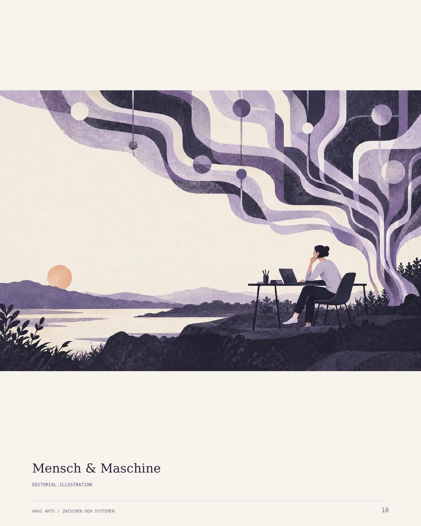 Artbook-Seite 10 mit der Illustration Mensch und Maschine: eine Person am Tisch unter einer weit verzweigten violetten Struktur