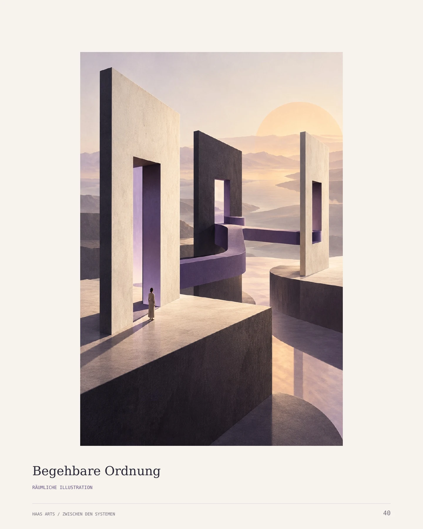 Artbook-Seite 40: Begehbare Ordnung mit gestaffelten architektonischen Öffnungen und einer kleinen menschlichen Figur