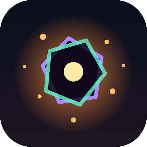 KOMOREBI: App-Icon mit einem dunklen Schattenpolygon vor einem bernsteinfarbenen Lichtschein, umgeben von Funken