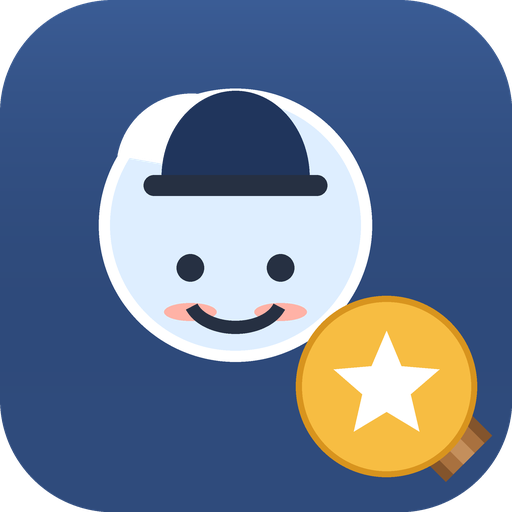 Mini Mysteries: App-Icon mit Milos freundlichem Gesicht unter der Lupe und einem goldenen Stern