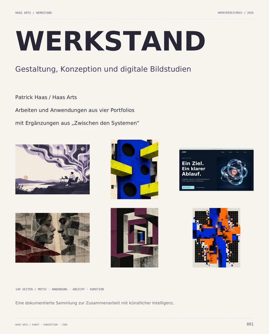 Titelseite von WERKSTAND mit einer geordneten Auswahl aus Illustration, Webdesign, Collage und Raumstudie