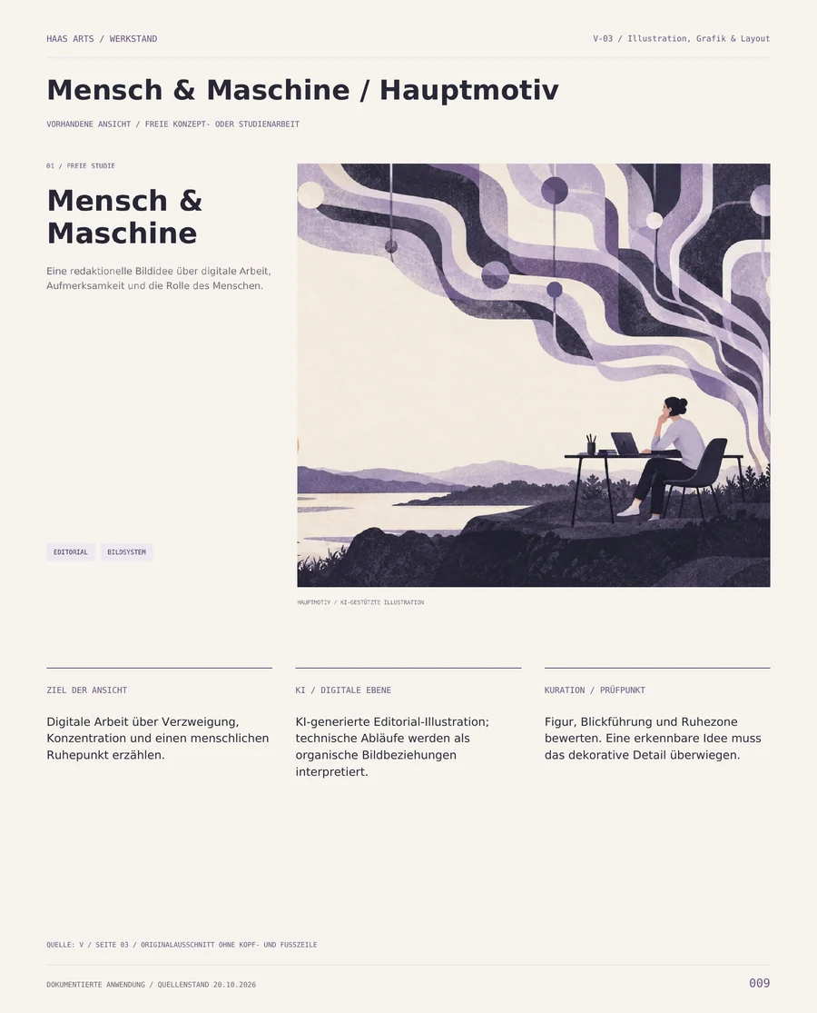 WERKSTAND, Seite 9: Editorial-Illustration Mensch und Maschine mit drei erläuternden Textspalten