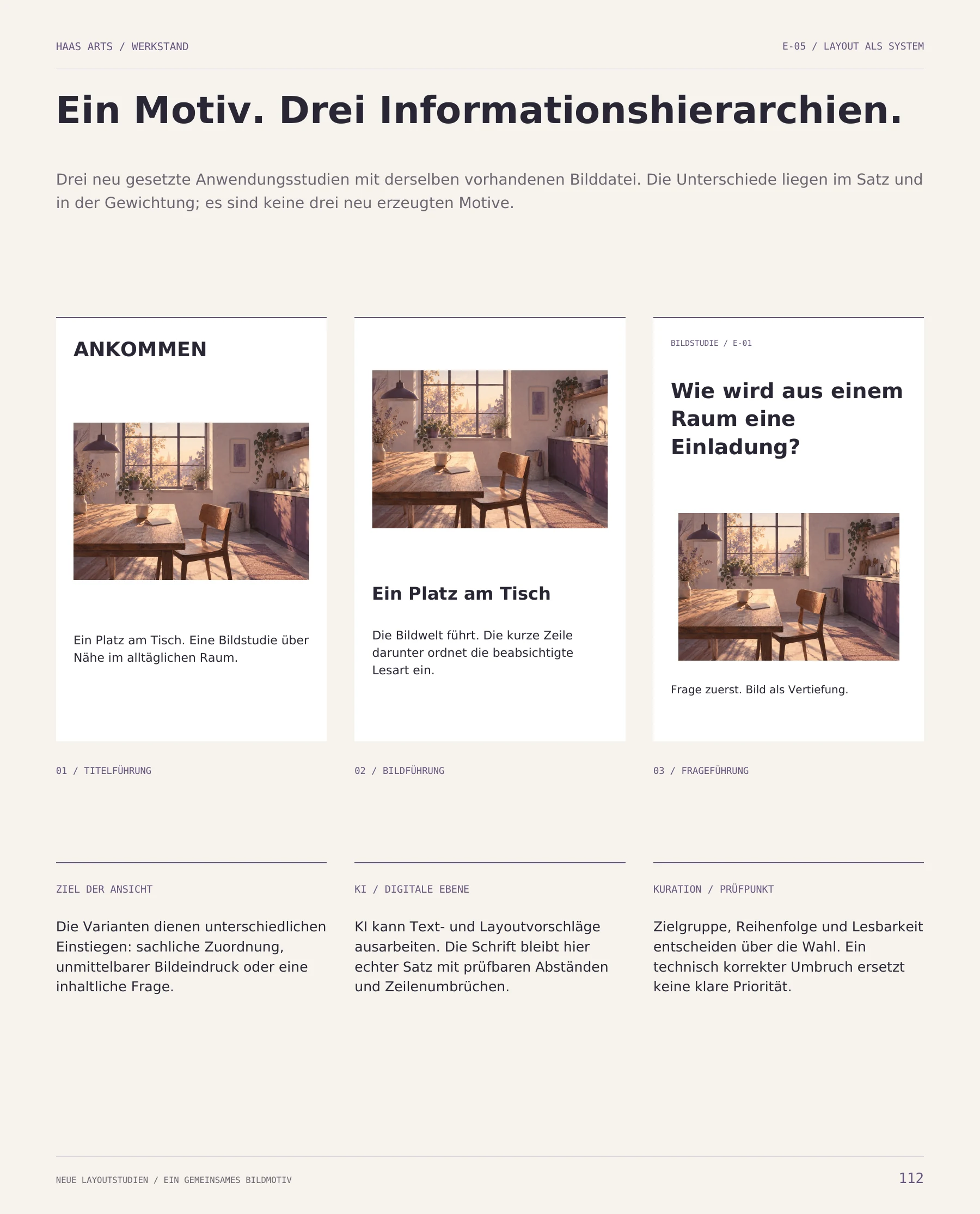 WERKSTAND, Seite 112: drei unterschiedliche Layouts mit derselben Bilddatei und wechselnder Gewichtung von Bild, Titel und Frage