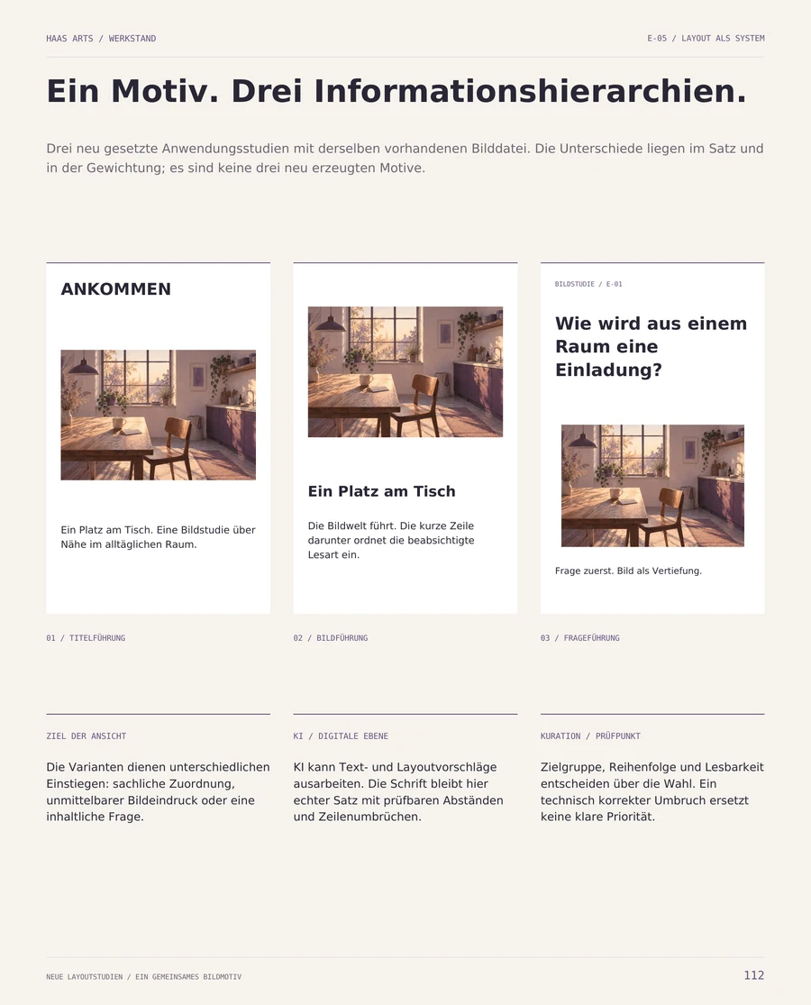 WERKSTAND, Seite 112: drei Layoutvarianten mit derselben Illustration eines Tisches am Fenster