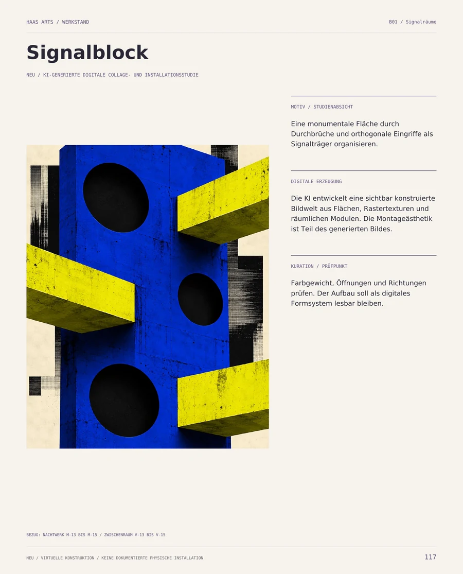 WERKSTAND, Seite 117: Signalblock mit blauem Formkörper, runden Öffnungen und gelben Querungen