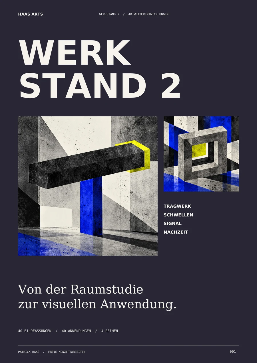Dunkle Titelseite von WERKSTAND 2 mit großer heller Schrift und zwei geometrischen Bildstudien mit blauen und gelben Akzenten