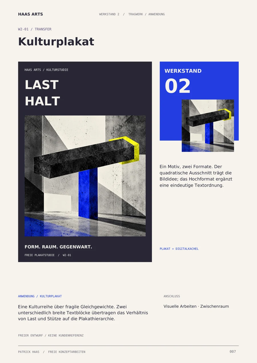 WERKSTAND 2, Seite 7: freie Kulturplakatstudie Last Halt und quadratische digitale Variante