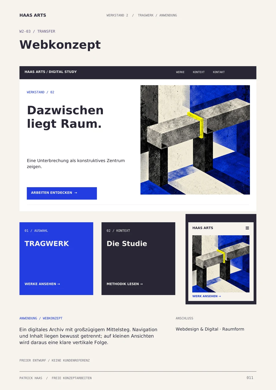 WERKSTAND 2, Seite 11: statische Webdesign-Studie Dazwischen liegt Raum mit Desktop- und Mobilansicht