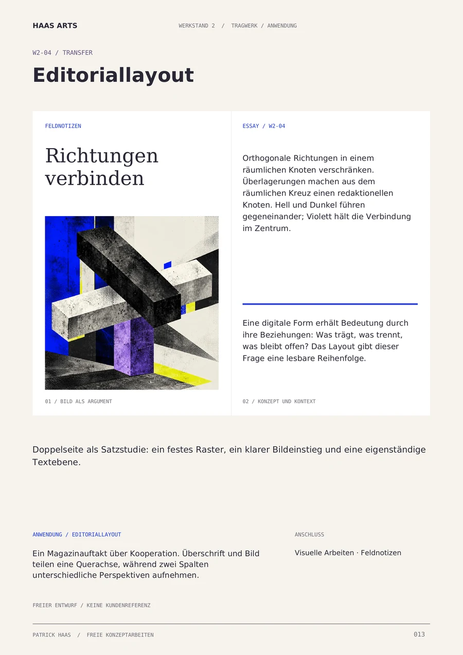 WERKSTAND 2, Seite 13: Feldnotizen-Editorial Richtungen verbinden mit räumlicher Bildstudie und Textordnung