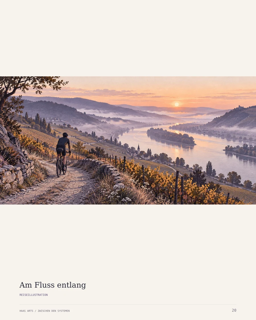 Buchseite 20: die Reiseillustration Am Fluss entlang in der Gesamtansicht