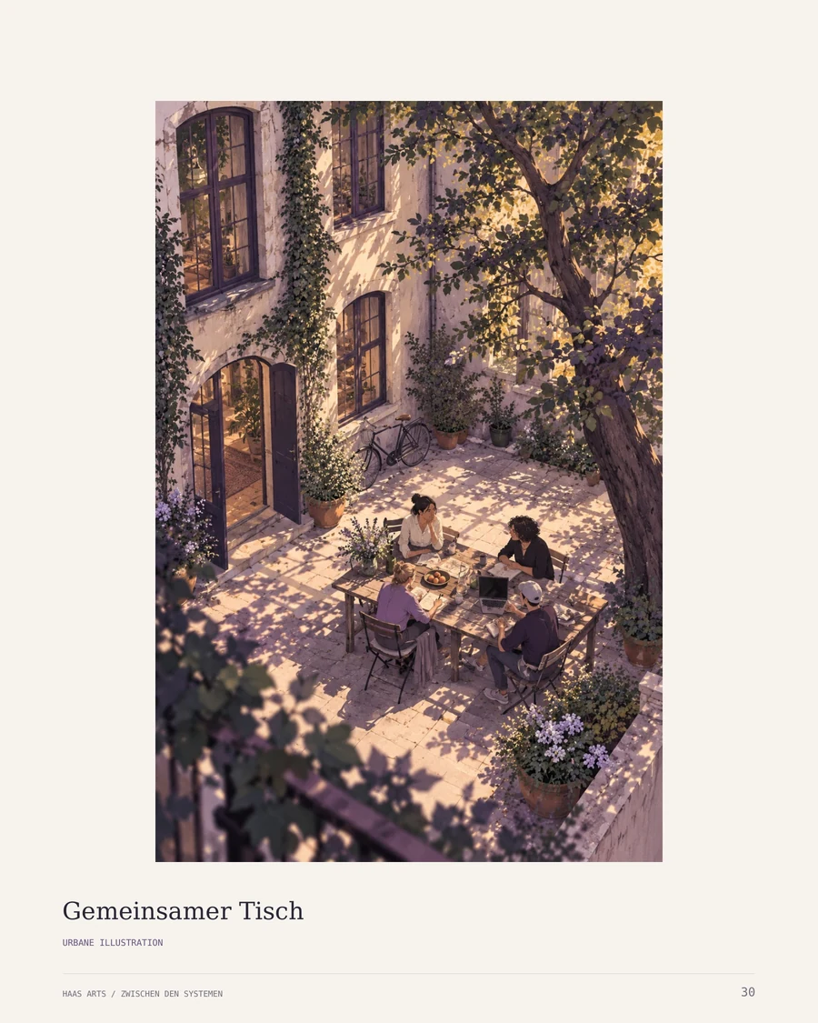 Buchseite 30: urbane Illustration Gemeinsamer Tisch mit Menschen in einem gemeinsamen Raum