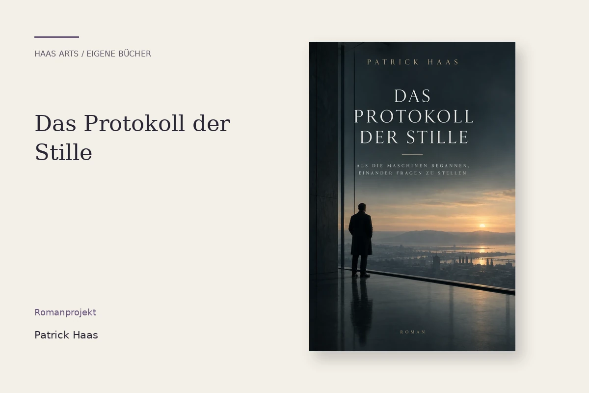 Coverarbeit Das Protokoll der Stille: helle Versalien in einer dunklen architektonischen Bildwelt mit einer einzelnen Figur vor einer Fensterfront.