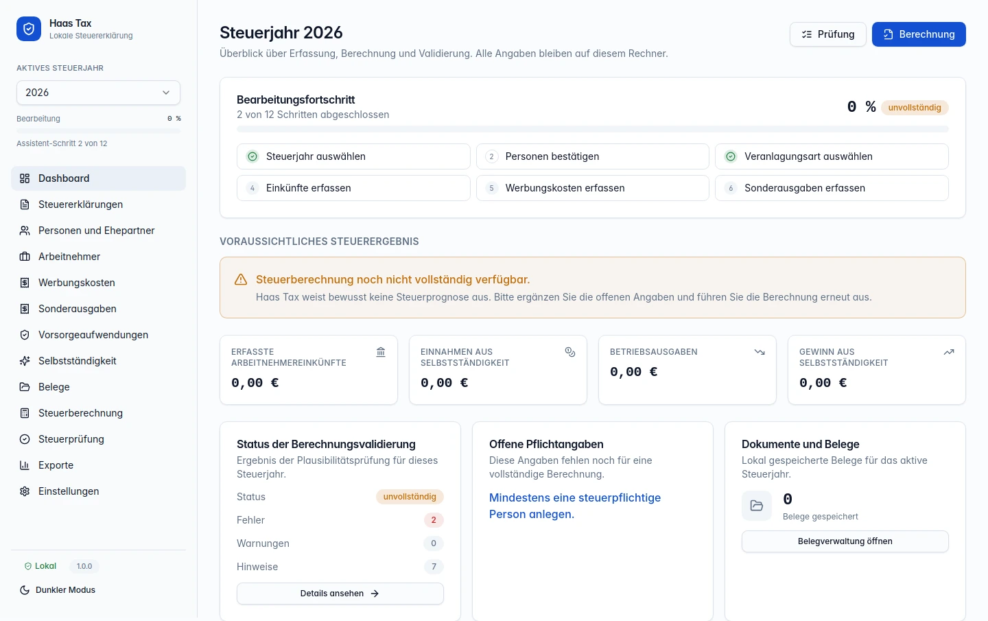 Haas Tax: leeres Dashboard aus einem isolierten Testhaushalt, keine echten Steuerdaten
