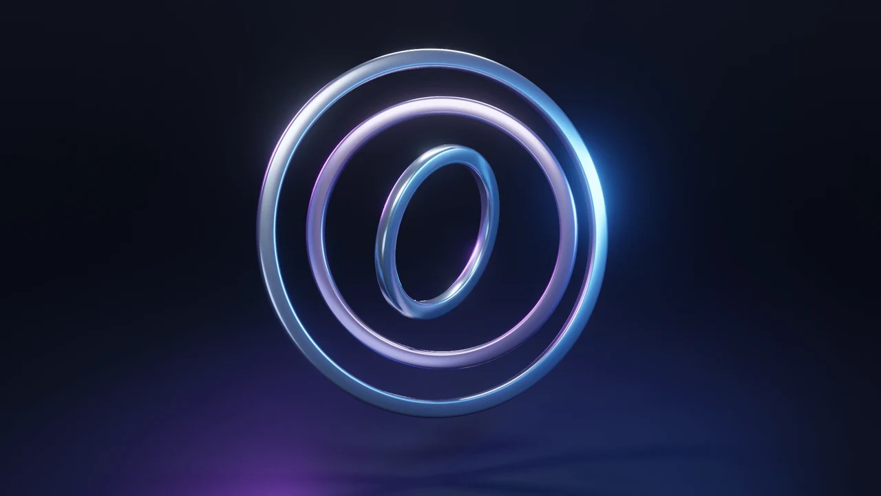 Drei ineinander verschachtelte Metallringe mit blau-violettem Licht aus der Animation Nested Orbits