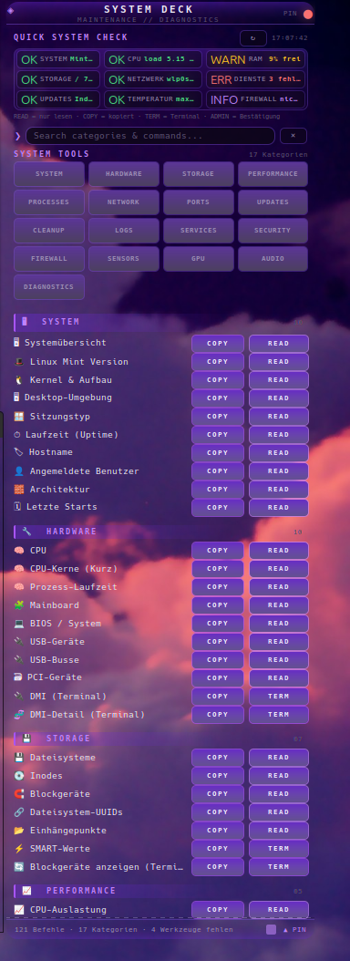System Deck: Schnellstatus mit Kategorien für System, Hardware, Speicher, Netzwerk und Dienste