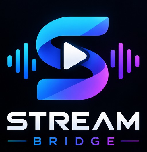Stream Bridge Logo: farbiges S mit Play-Symbol und Equalizer-Balken in Cyan bis Violett, darunter die Wortmarke Stream Bridge