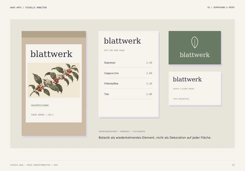 Blattwerk: Verpackungsentwurf für Kaffee, Menükarte und Visitenkarten in Creme, Grün und Violett