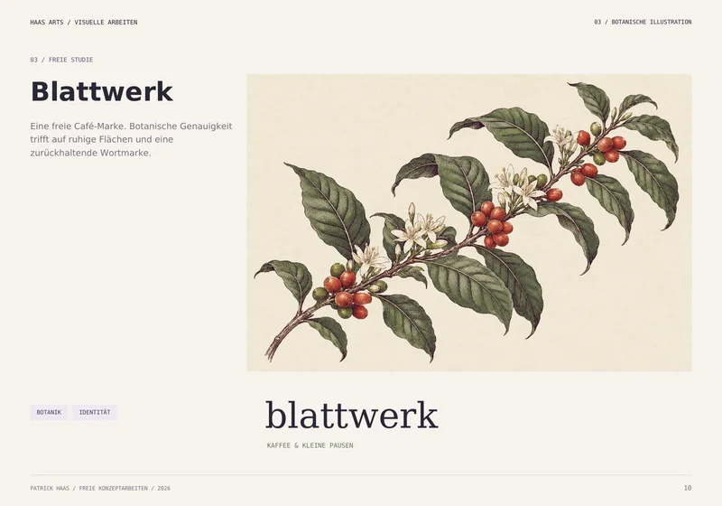 Blattwerk: botanische Illustration eines Kaffeezweigs mit Blättern, Blüten und Kaffeekirschen neben der Wortmarke