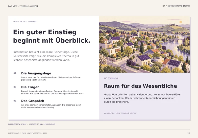 Energie vor Ort: Broschüren-Doppelseite mit drei nummerierten Schritten, Energielandschaft und Informationskasten