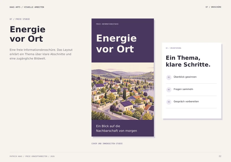 Energie vor Ort: Broschürencover mit violetter Titelfläche und Landschaft sowie eine nummerierte Orientierungsseite