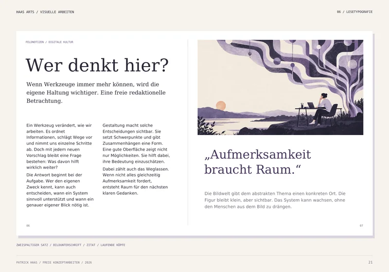 Feldnotizen: Magazin-Doppelseite mit zweispaltigem Text, Illustration, Bildunterschrift und großem Zitat