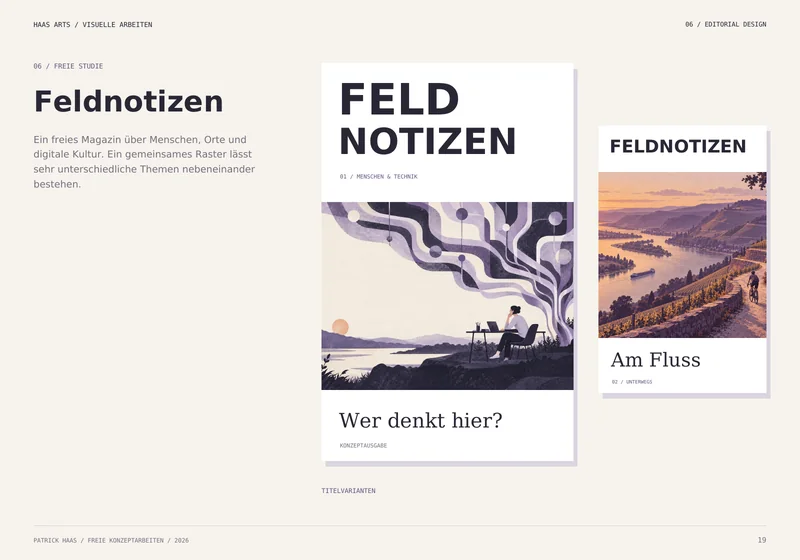 Feldnotizen: zwei Titelvarianten für die Konzeptausgaben Menschen & Technik und Unterwegs