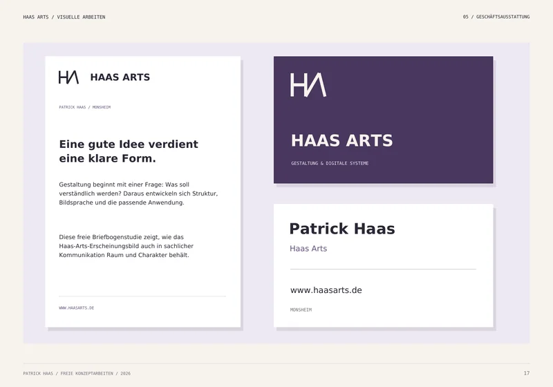 Haas Arts: freie Briefbogen- und Visitenkartenentwürfe mit HA-Monogramm und violetten Markenflächen