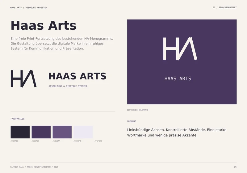 Identitätsstudie für Haas Arts mit bestehendem HA-Monogramm, Wortmarke, violetter Farbfamilie und Ordnungsprinzipien