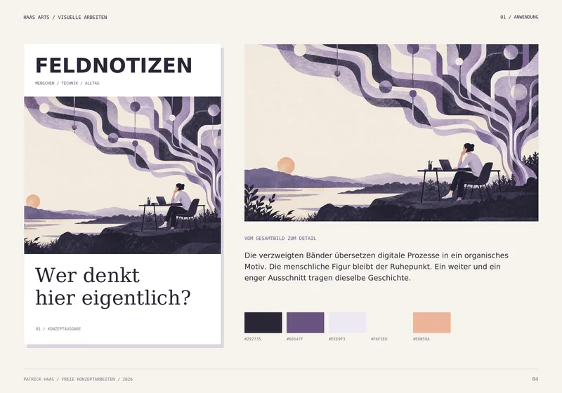 Mensch & Maschine: Titelentwurf für Feldnotizen, Detailausschnitt der Illustration und Farbpalette
