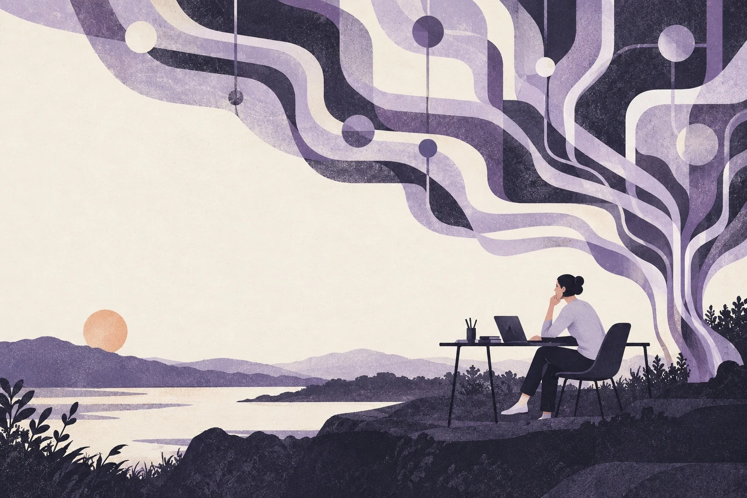 Mensch & Maschine: Eine Person am Schreibtisch in einer Landschaft; verzweigte violette Bänder führen über den Himmel