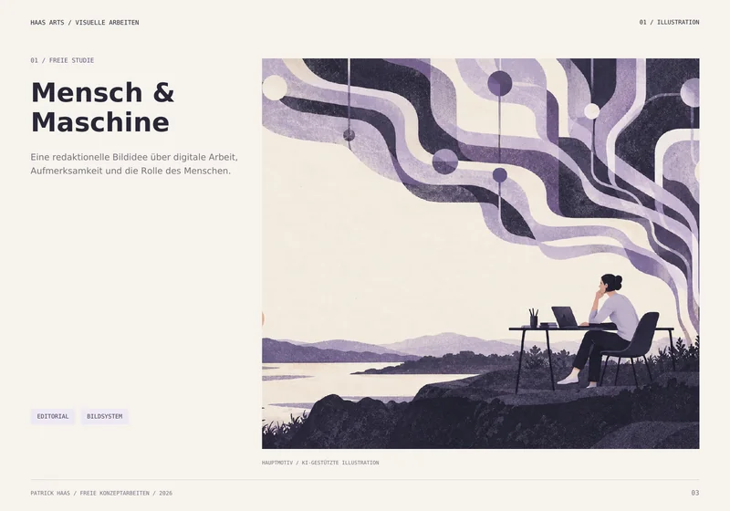 Portfolioseite mit dem Hauptmotiv Mensch & Maschine und der Kennzeichnung als KI-gestützte Illustration