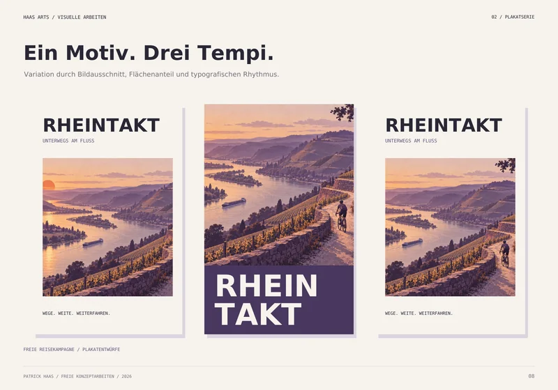 Rheintakt: drei Plakatentwürfe mit unterschiedlichen Bildausschnitten und typografischem Rhythmus