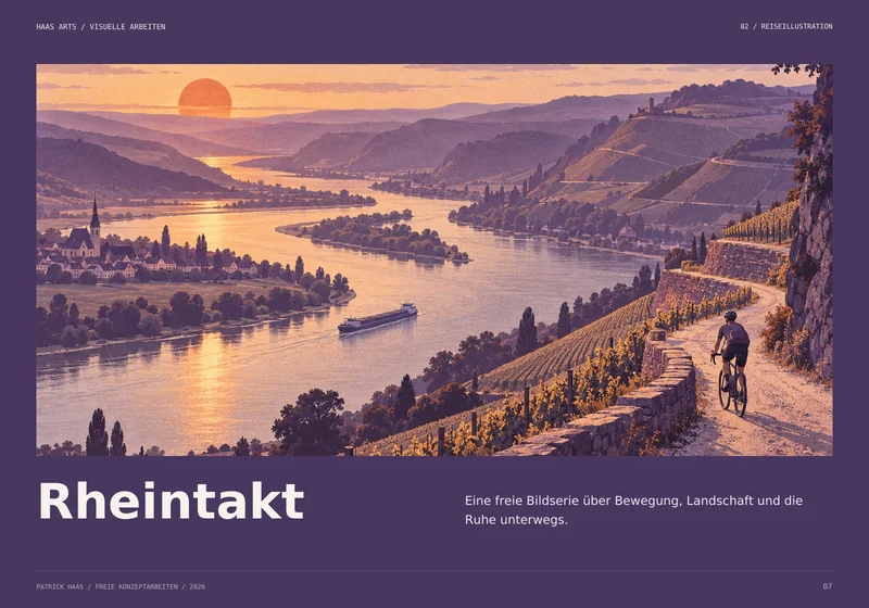 Rheintakt: Flusslandschaft im Abendlicht, Weinberge und Radfahrerin oder Radfahrer auf einem Weg