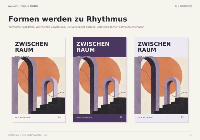 Zwischenraum: drei Kulturplakate mit konstanter Typografie, Bogenformen und wechselnden Farbflächen