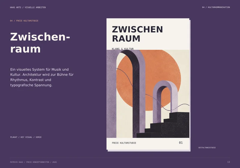 Zwischenraum: Kulturplakat mit Bogenarchitektur, orangefarbener Kreisfläche und dem Titel Klang & Kultur