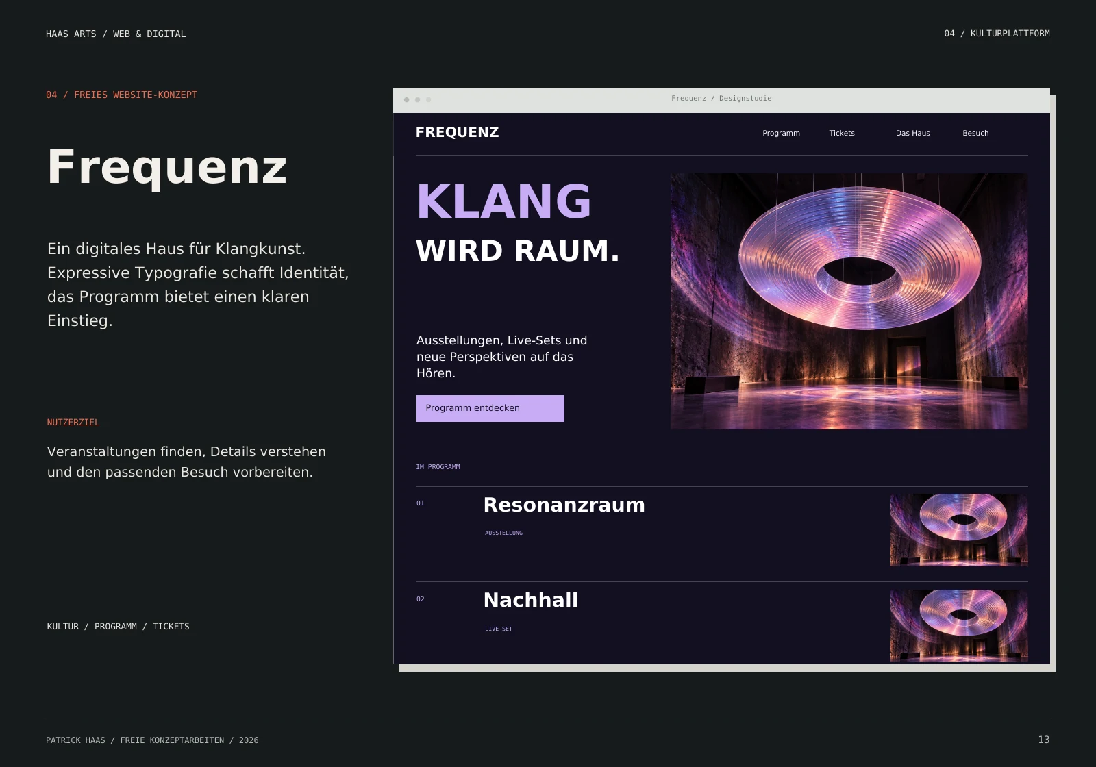Frequenz: Kulturplattform-Entwurf mit großer Typografie und Programmindex